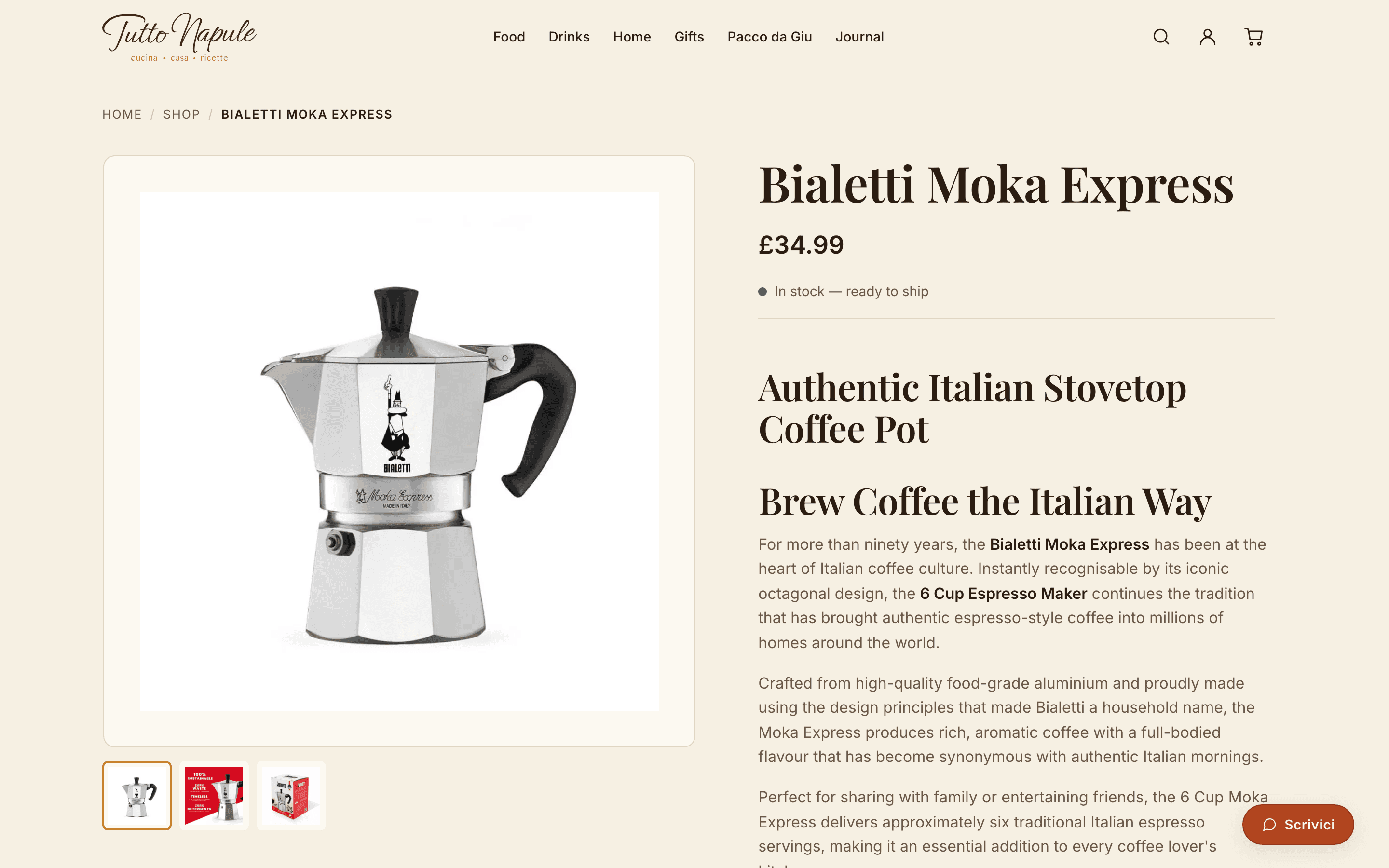 A Bialetti Moka Express product page: image gallery with thumbnails, the price, an in-stock line and the start of the product story.